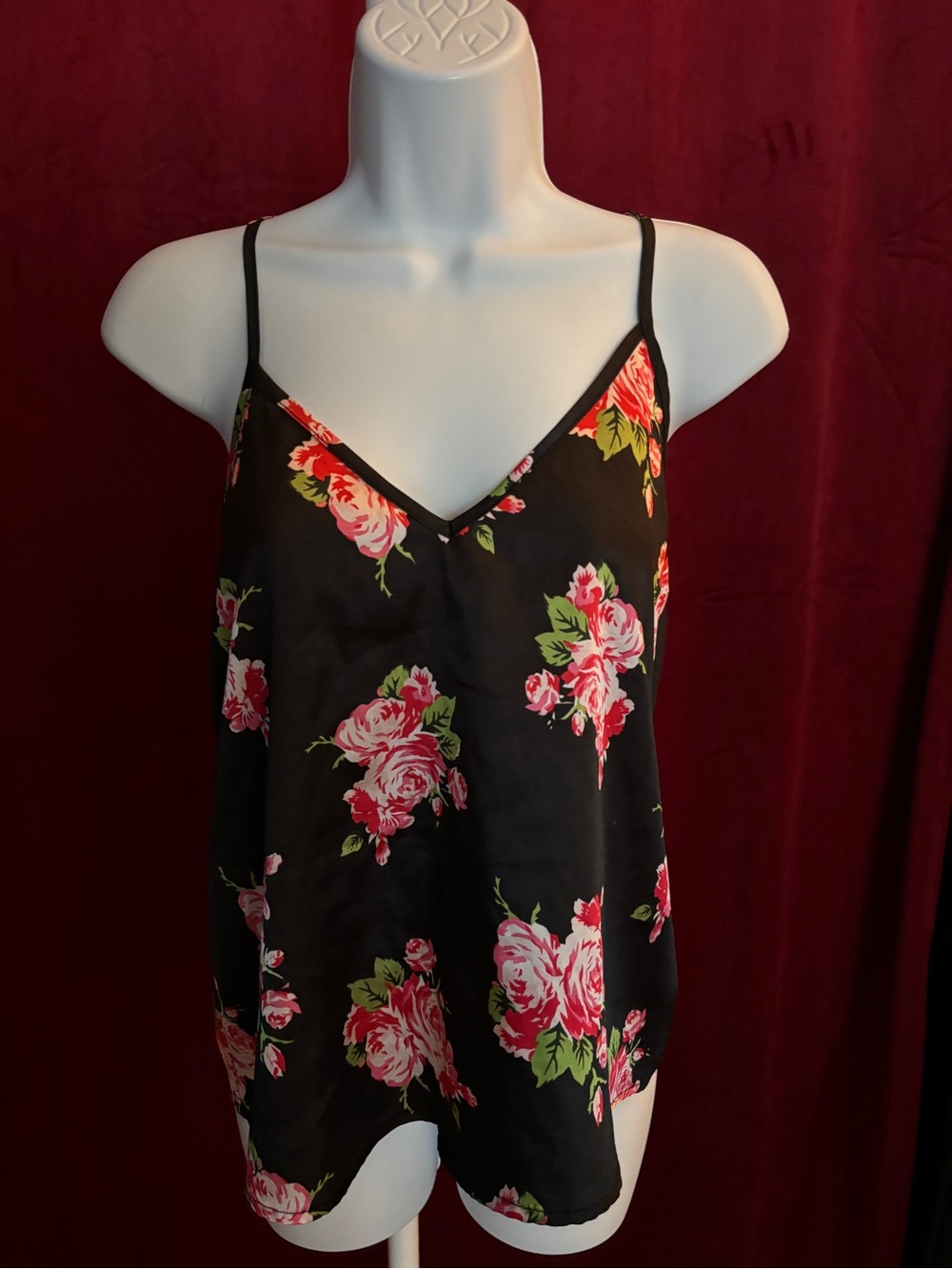Floral V-Neck Black Camisole with Pink Rose Print
